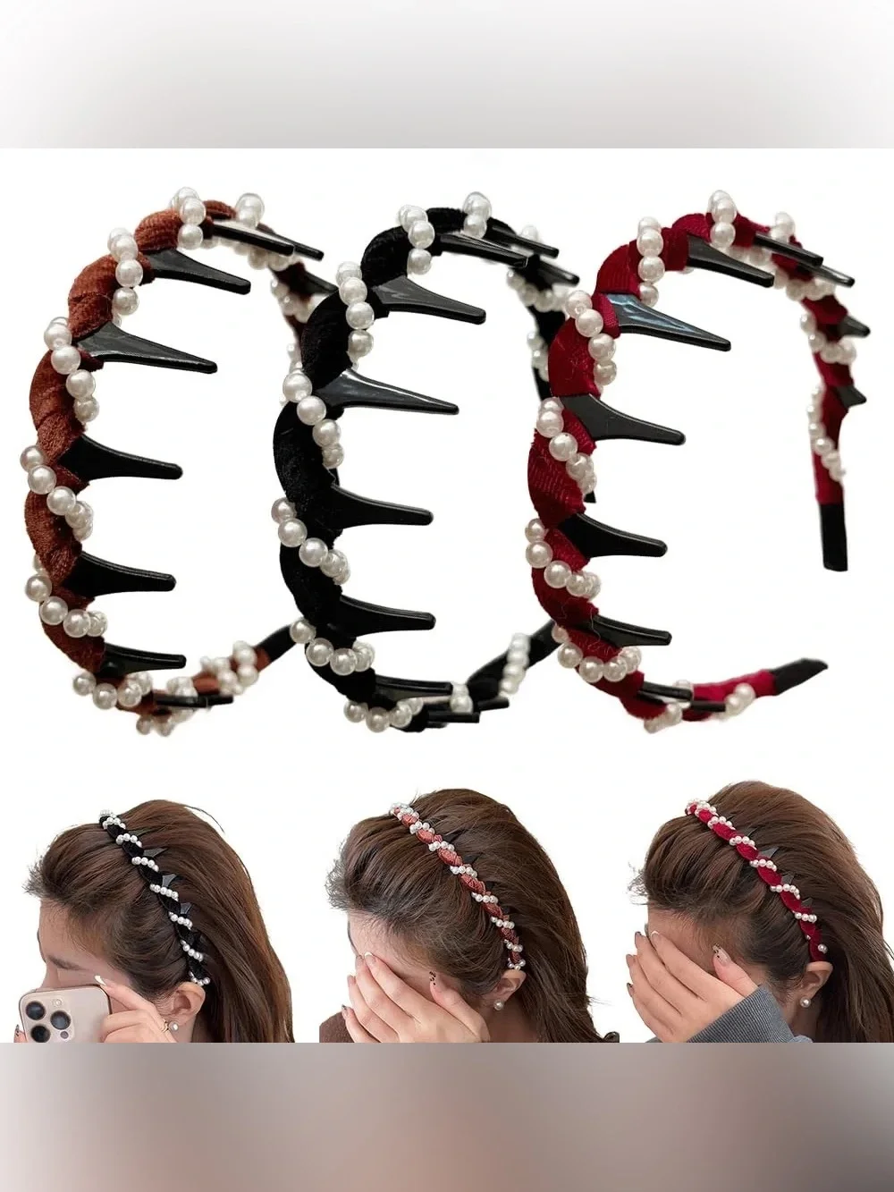 Vintage High Cranium Artificial Pearl & Rhinestone Hairband - 3 Piece
